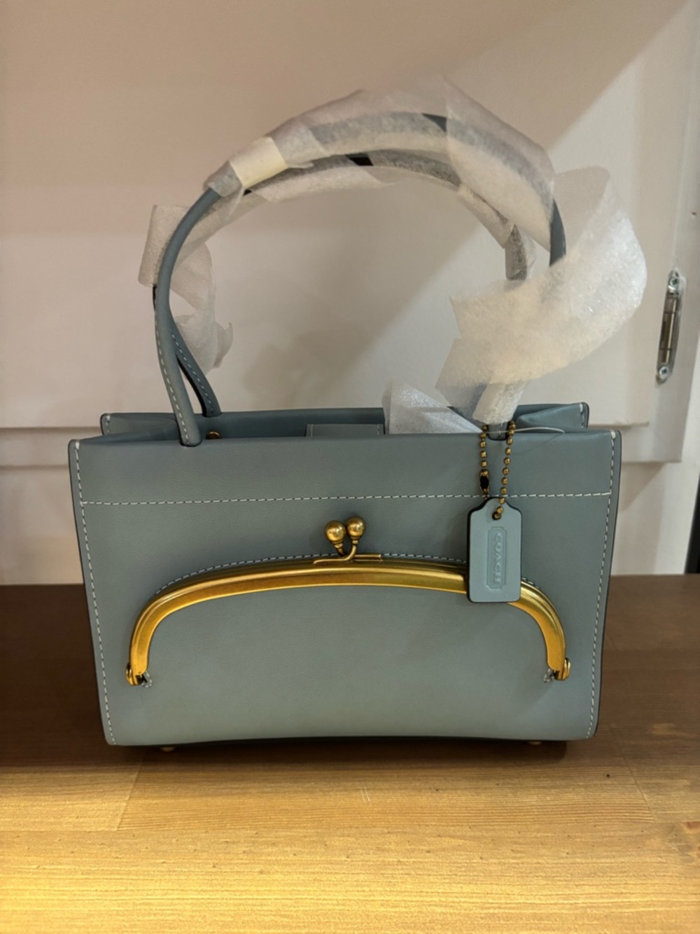 Coach Blue Leather Cashin 20 Kisslock Top-Handle Bag